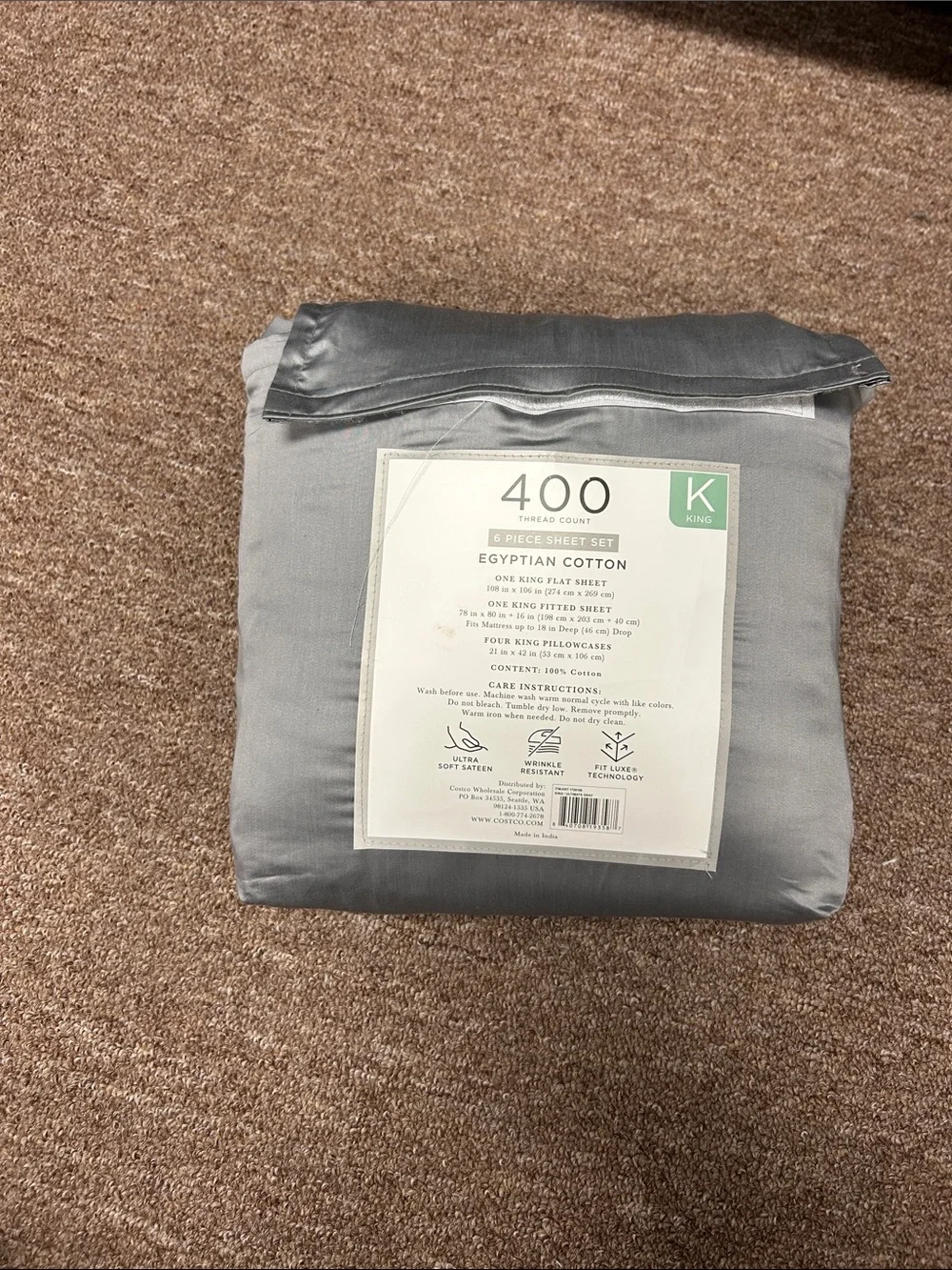 400-Thread Egyptian Cotton King Sheet Set - Gray